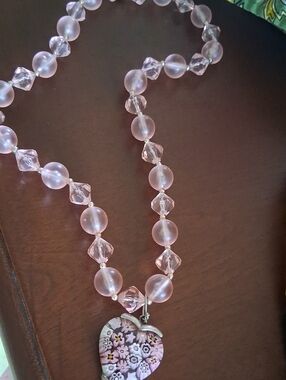 Murano Pink Millefiori Heart Pendant Necklace 925 Silver On Crystal Necklace
